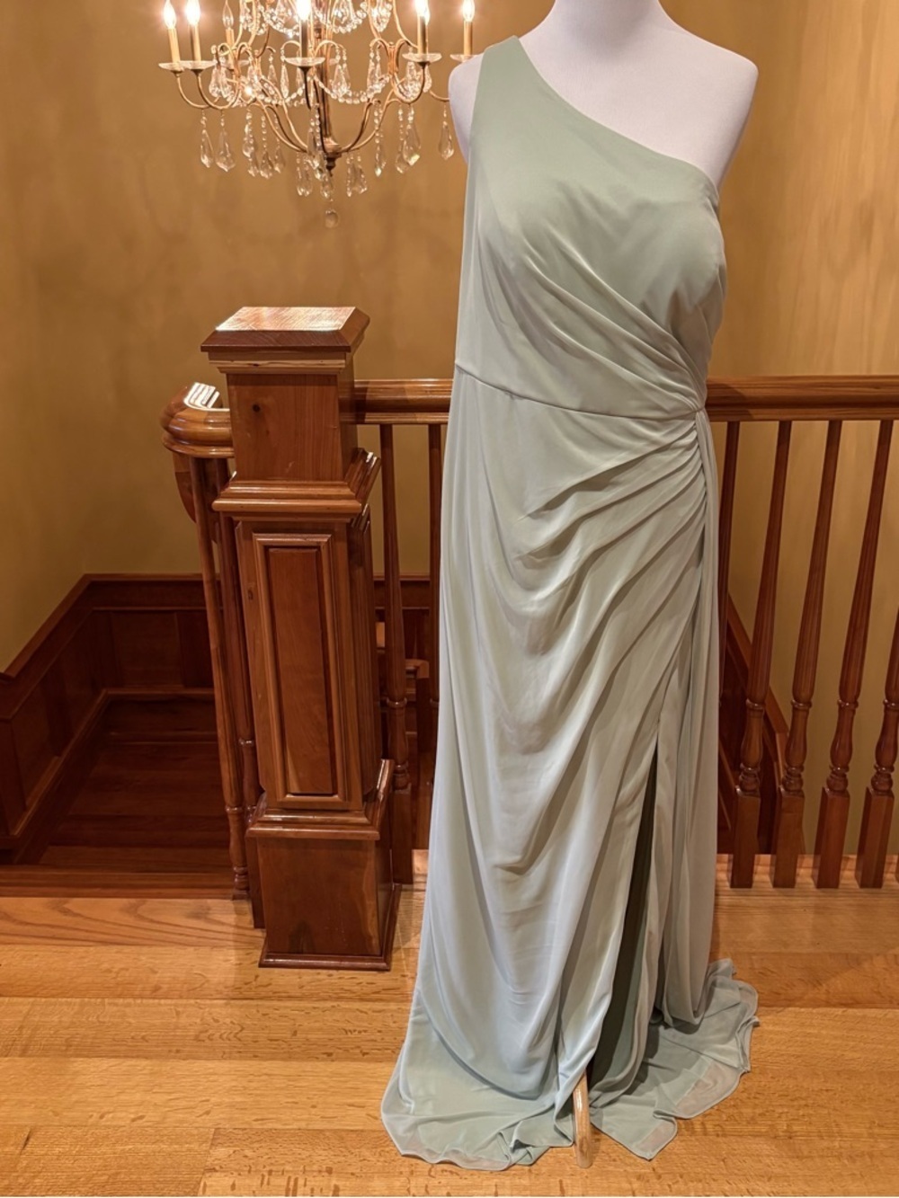 Azazie One-Shoulder Dusty Sage Green Draped Bridesmaid Evening Gown Sz 18